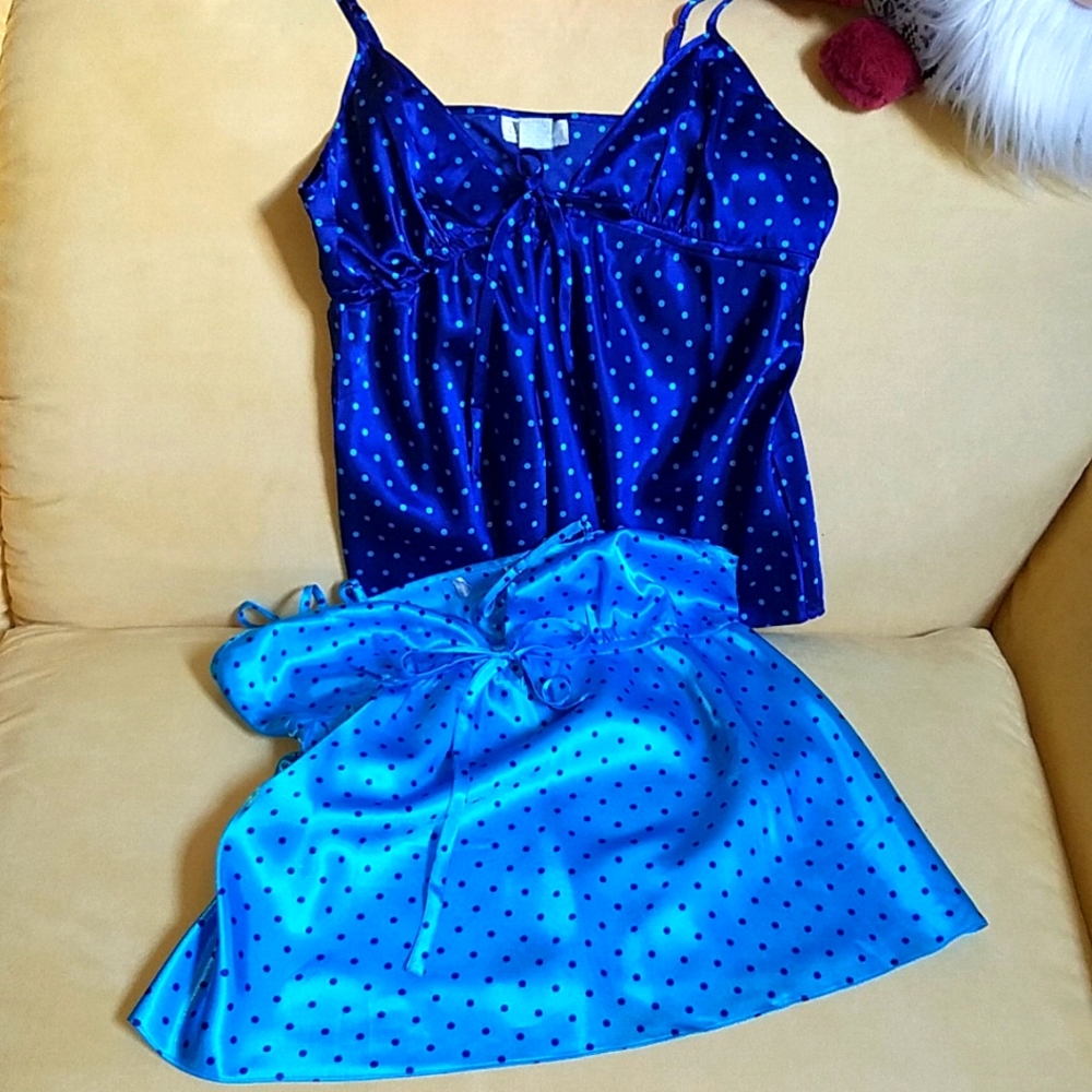 Chanteuse, 2 blue satin camisole pj tops, size large.
